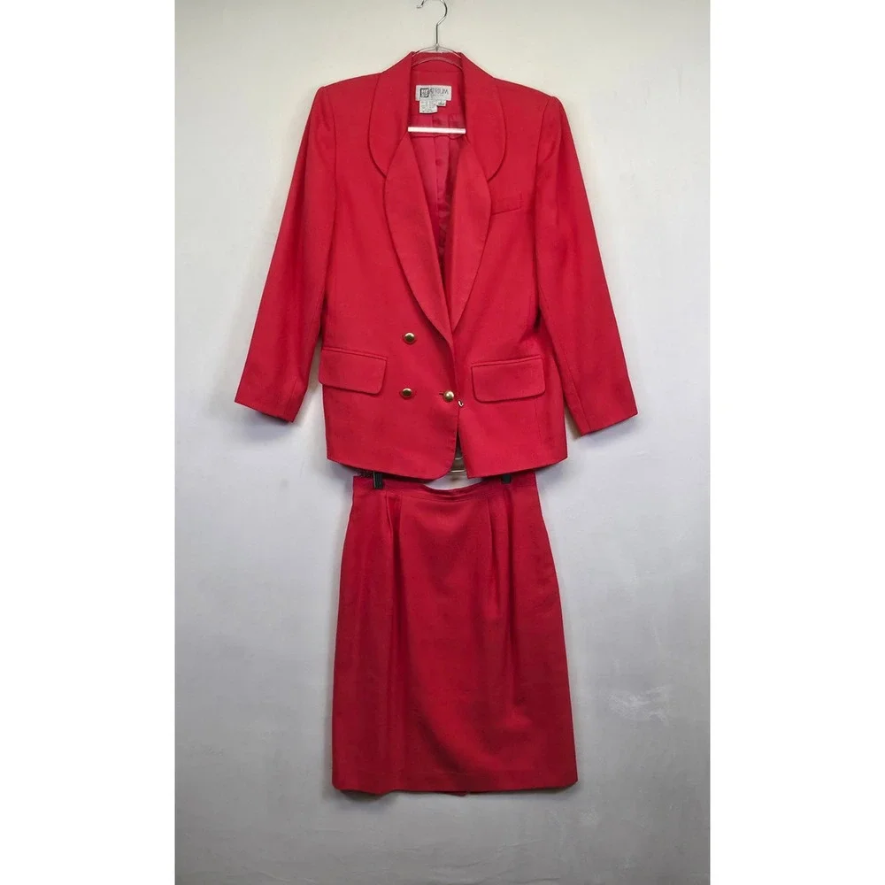 Atrium Skirt Suit Set‎ Women 8P Red Double Breasted Blazer Tweed Classic Office